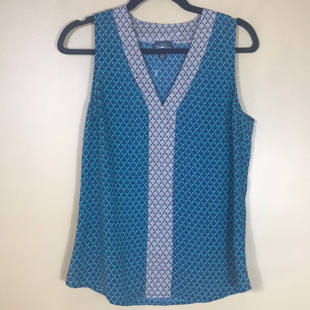 Market & Spruce Blouse Womens Small Blue Printed V Neck Sleeveless